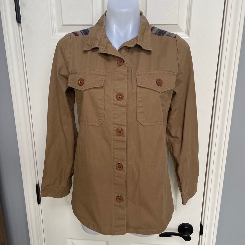 Crescent Tan Button-Down Utility Shirt with Multicolor Shoulder Detail